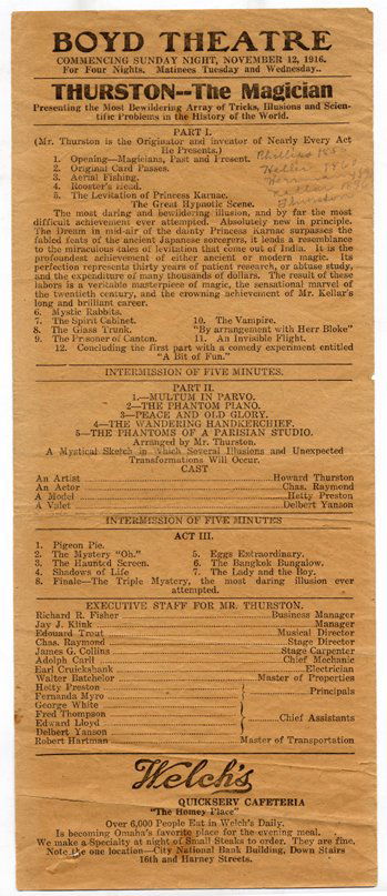 Thurston, Howard. Archive of over 30 pieces of eph: Thurston, Howard. Archive of over 30 pieces of ephemera. Including throw out cards (four Thurston & Jane, one signed by Jane Thurston), two theatre playbills, a complete set of five Swift premium book