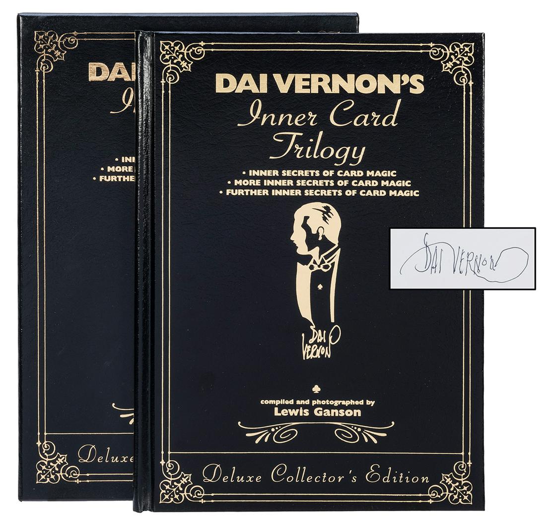 [Vernon] Ganson, Lewis. Dai Vernon's Inner Card: [Vernon] Ganson, Lewis. Dai Vernon's Inner Card Trilogy. Tahoma: L&L, 1996. Number 39 from the limited, deluxe edition, signed by Vernon on the limitation page. Gilt stamped black leather with matchin