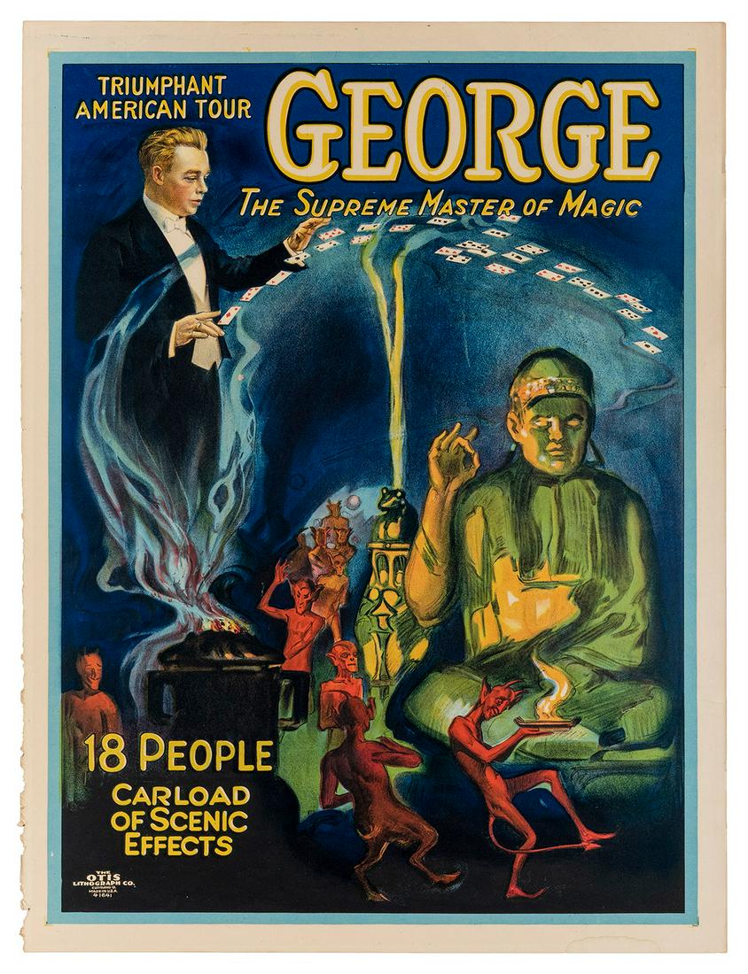 George, Grover. George The Supreme Master of Magic /: George, Grover. George The Supreme Master of Magic / Carload of Scenic Effects. Cleveland: Otis Litho, ca. 1920s. Half-sheet color lithograph depicting the magician producing a cascade of cards over a