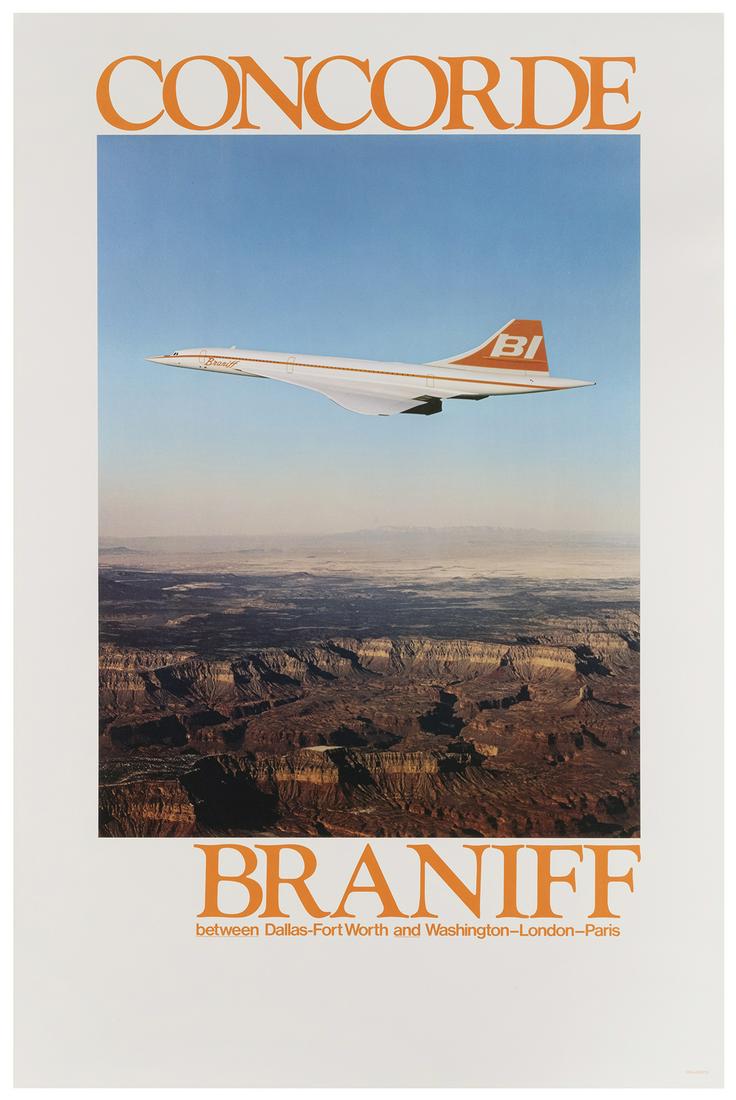 Braniff / Concorde. 1970s. Photographic airline poster: Braniff / Concorde. 1970s. Photographic airline poster advertising the route from Dallas-Fort Worth to Washington, London, and Paris. 36 ¼ x 23 7/8”. Linen backed. A.