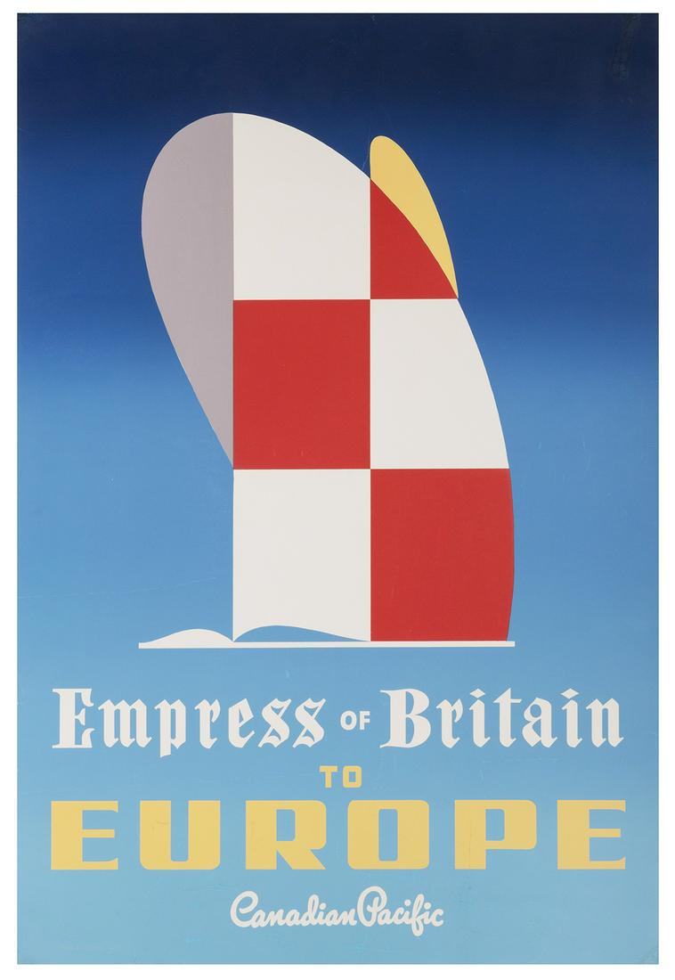 COUILLARD, Roger (1910-1999). Canadian Pacific /: COUILLARD, Roger (1910-1999). Canadian Pacific / Empress of Britain to Europe. Circa 1958. Silkscreen travel poster with a stylized depiction of the vessel on the water, its red and white checkered ho