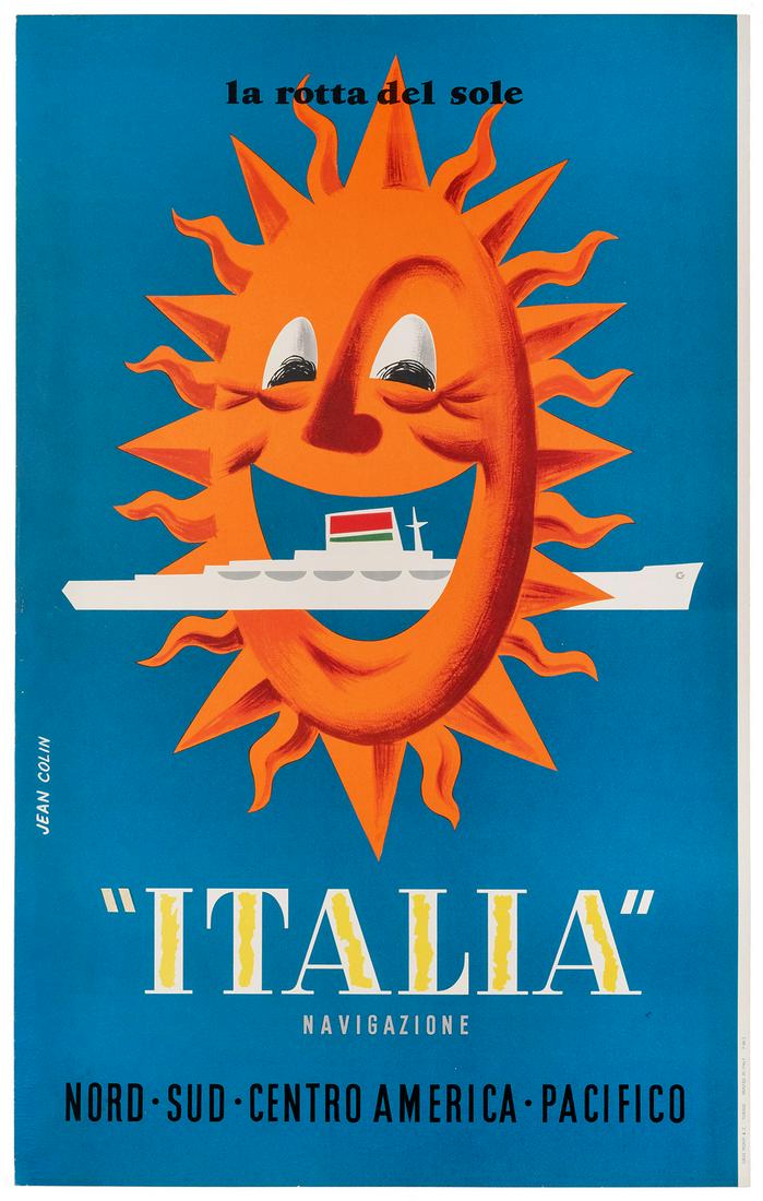 COLIN, Jean (1912-1982). Italia. Torino: Gros Monti,: COLIN, Jean (1912-1982). Italia. Torino: Gros Monti, ca. 1950s. Bold advertising poster symbolizing Italian Line’s “route of the sun” to North, South, and Central America, and to the