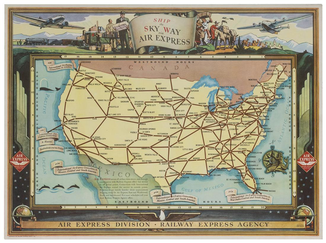 [PICTORIAL MAP] Ship the Sky Way Via Air Express. USA:: [PICTORIAL MAP] Ship the Sky Way Via Air Express. USA: Dixie-Raymond, 1941. Map of the Railway Express Agency’s express air shipping service across the United States and beyond to Canada, Alaska