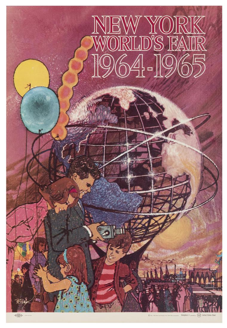 [NEW YORK] Peak, Bob. New York World’s Fair: [NEW YORK] Peak, Bob. New York World’s Fair 1964-65. Travel poster showing a happy family at the Unisphere sculpture. 16 ¼ x 11”. Linen backed. A.