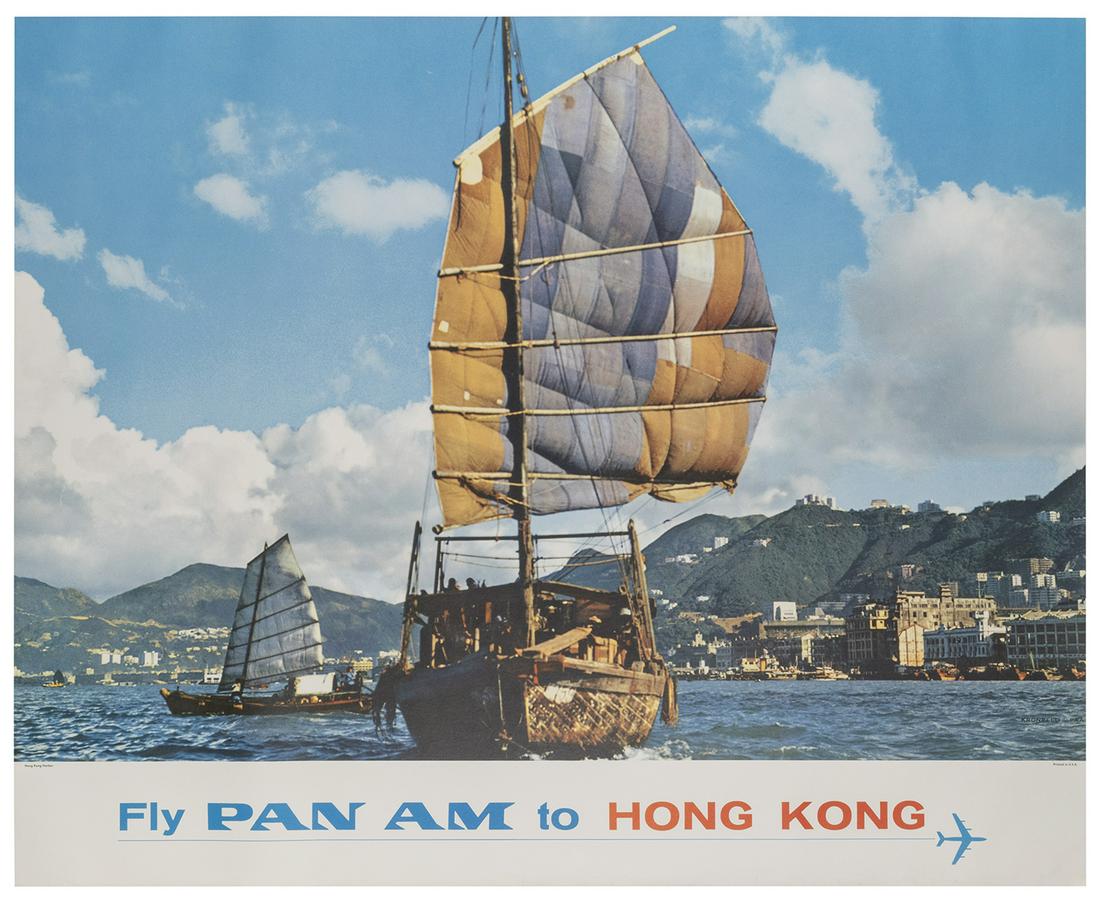 Pan Am / Hong Kong. 1970. Photographic airline poster: Pan Am / Hong Kong. 1970. Photographic airline poster with a view of Hong Kong Harbor. 35 ½ x 43 ½”. Expert over-painting along bottom edge Linen backed. B+.