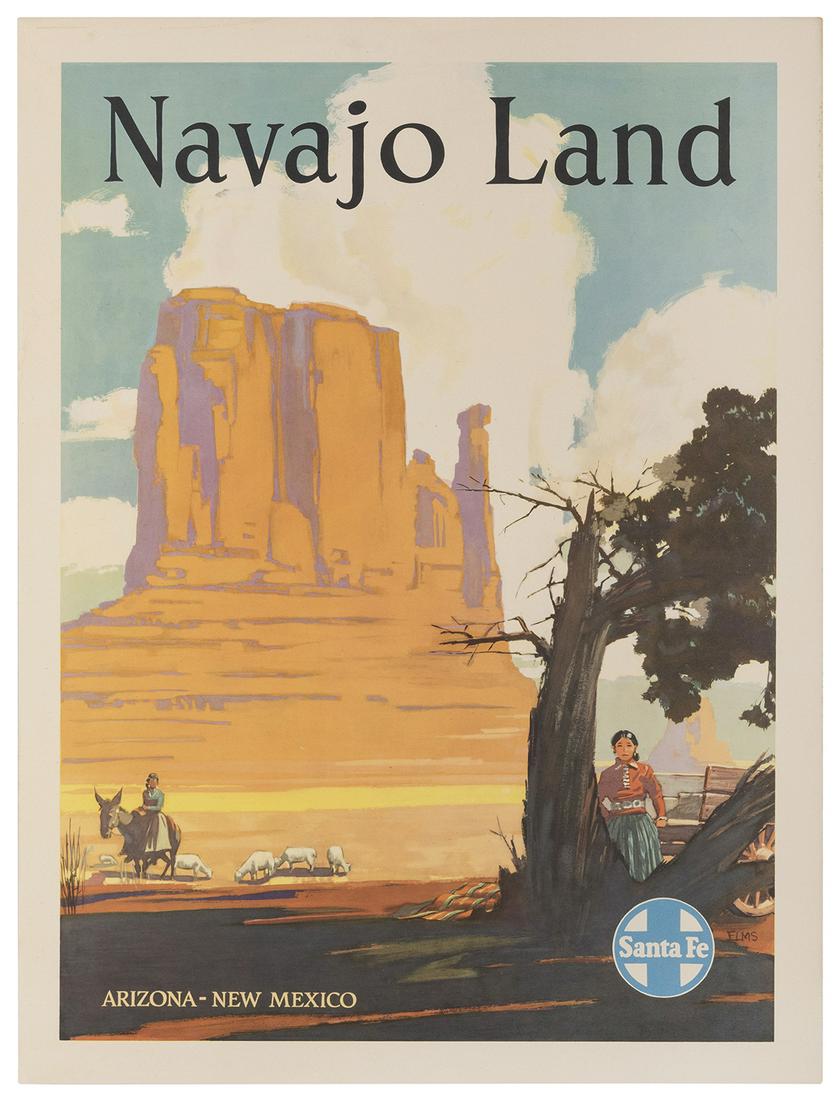 ELMS, William Frederick (1900-1956). Santa Fe: ELMS, William Frederick (1900-1956). Santa Fe [Railroad] / Navajo Land / Arizona-New Mexico. Circa 1950s. Offset lithograph railroad travel poster depicting a Southwestern butte and Navajo women. 24 x