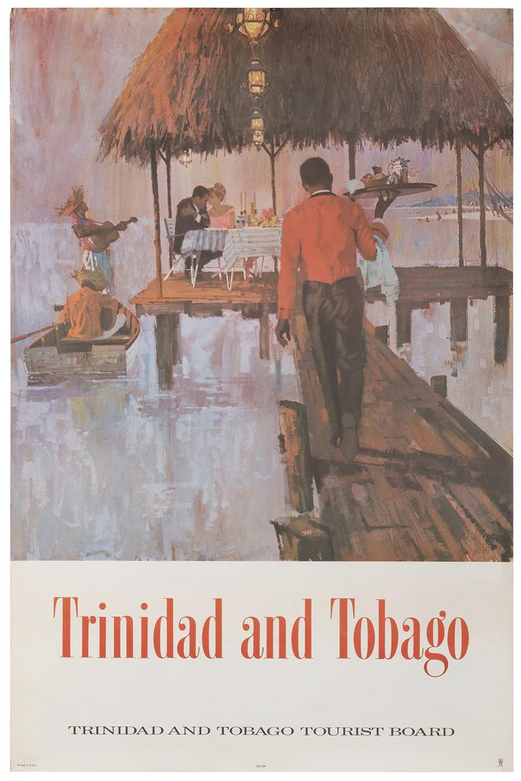 Trinidad and Tobago. 1960s. Tourism poster for the: Trinidad and Tobago. 1960s. Tourism poster for the Caribbean destination depicts a couple enjoying a candlelight dinner under a hut on a dock, serenaded by guitarists as a server carries a platter. 37