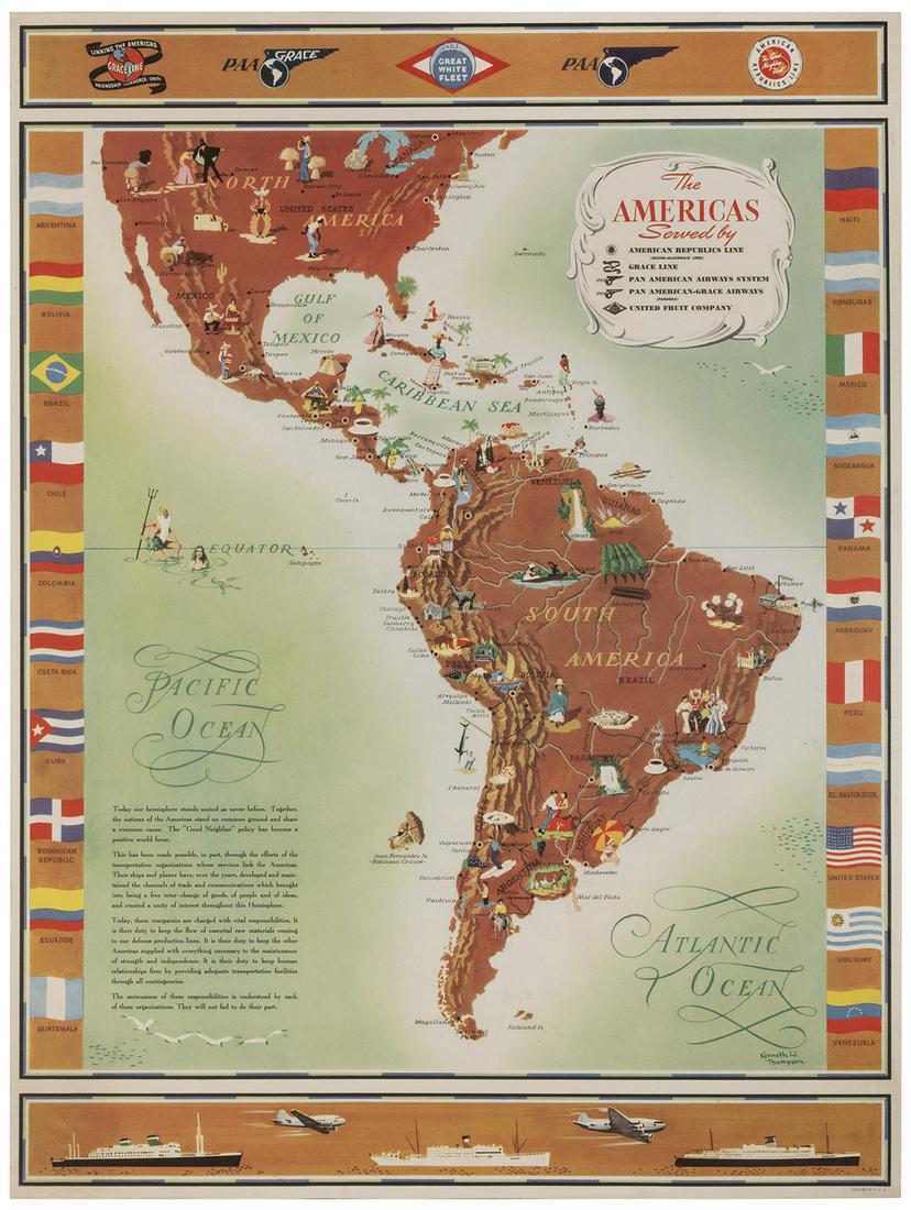 THOMPSON, Kenneth Webster. The Americas. 1948. A: THOMPSON, Kenneth Webster. The Americas. 1948. A pictorial map of the Americas prepared to promote airlines and cruise lines (Pan American, Panagra, Grace Line, and American Republics Line). 29 ½