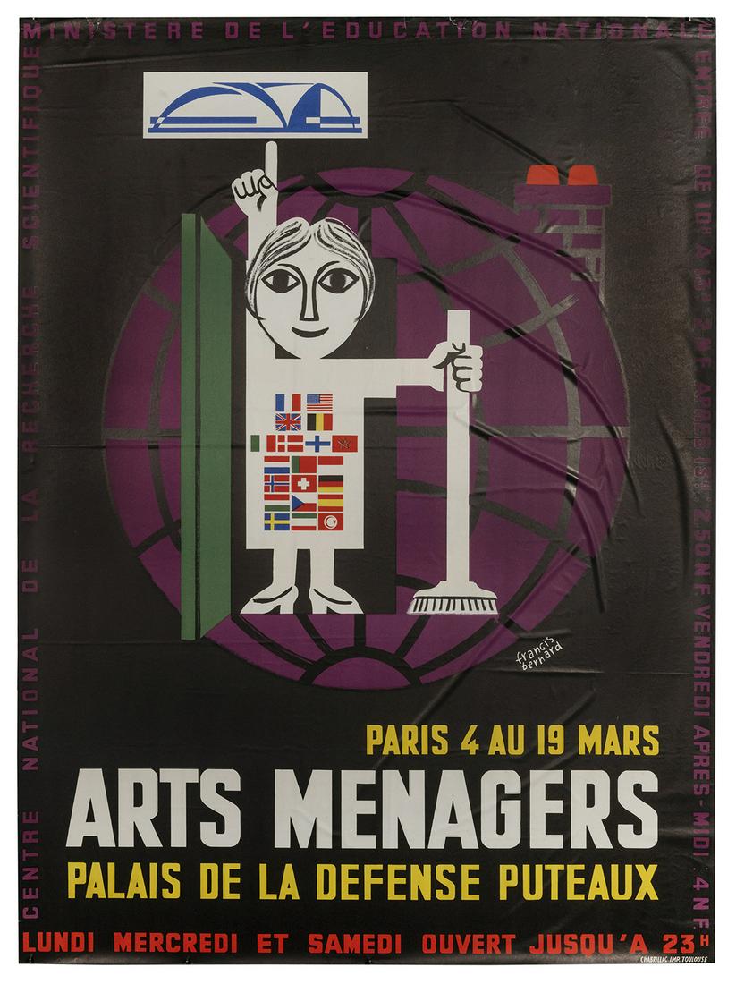 BERNARD, Francis (1900-1979). Arts Menagers / Palais de: BERNARD, Francis (1900-1979). Arts Menagers / Palais de la Defense Puteaux. Paris: Chabrillac, 1962. Offset lithograph advertising the science and industry fair. 63 x 47”. Short tears affecting 