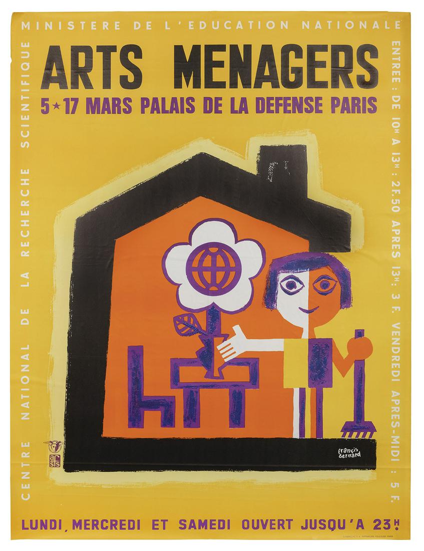 BERNARD, Francis (1900-1979). Arts Menagers / Palais de: BERNARD, Francis (1900-1979). Arts Menagers / Palais de la Defense Paris. Paris: Chabrillac, 1960s. Offset lithograph advertising the science and industry fair. 63 x 47”. Minor edgewear; light c