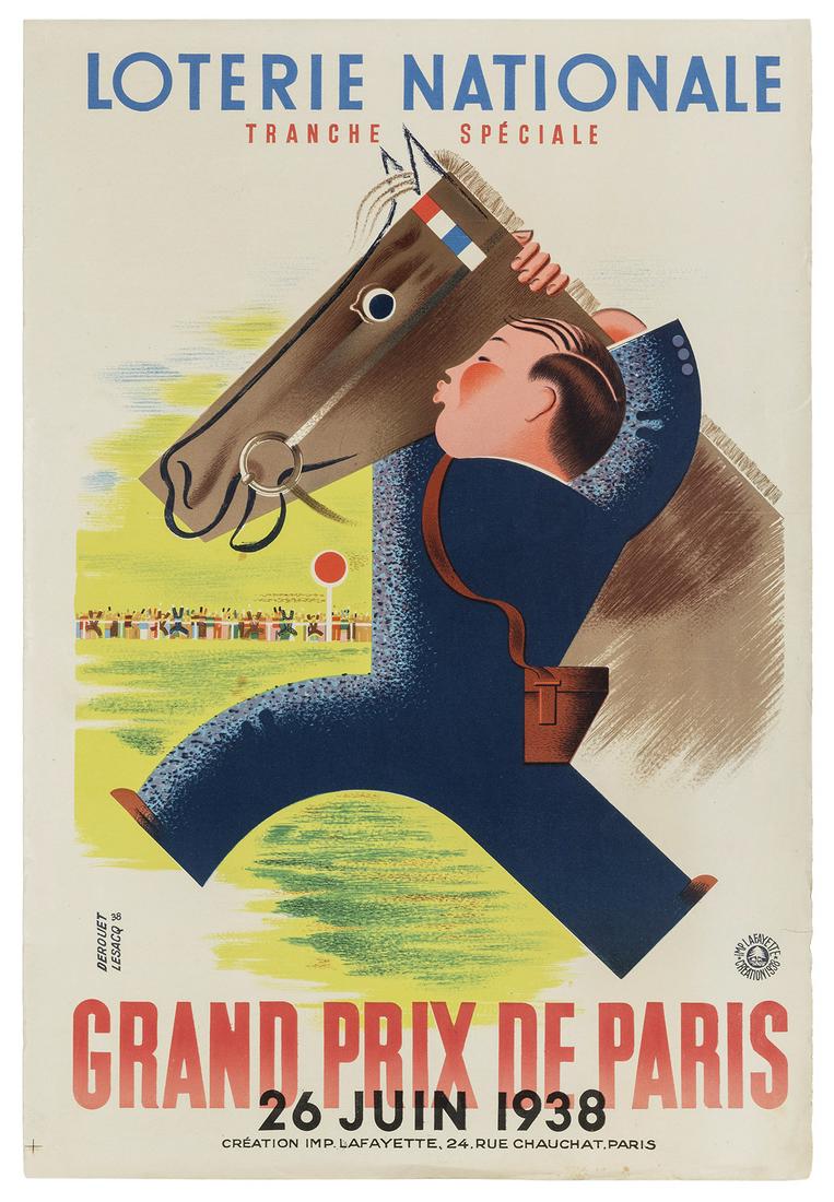 DEROUET-LESACQ (Edgar Derouet and Charles Lesacq).: DEROUET-LESACQ (Edgar Derouet and Charles Lesacq). Loterie Nationale / Grand Prix de Paris. 1938. Art Deco inspired poster advertising the French national lottery, this one for the benefit of the Gran