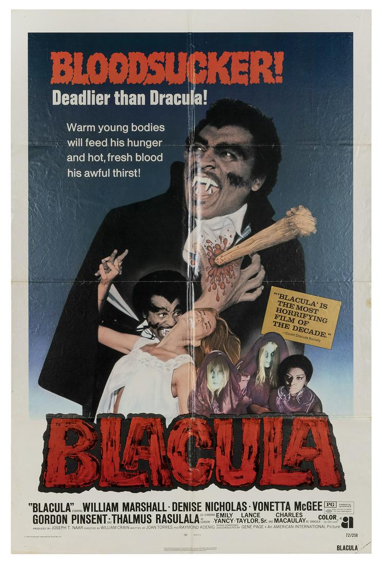 Blacula. American International, 1972. One sheet (41 x: Blacula. American International, 1972. One sheet (41 x 27”). Blaxploitation horror movie poster. Folded. A few light stains around edges.