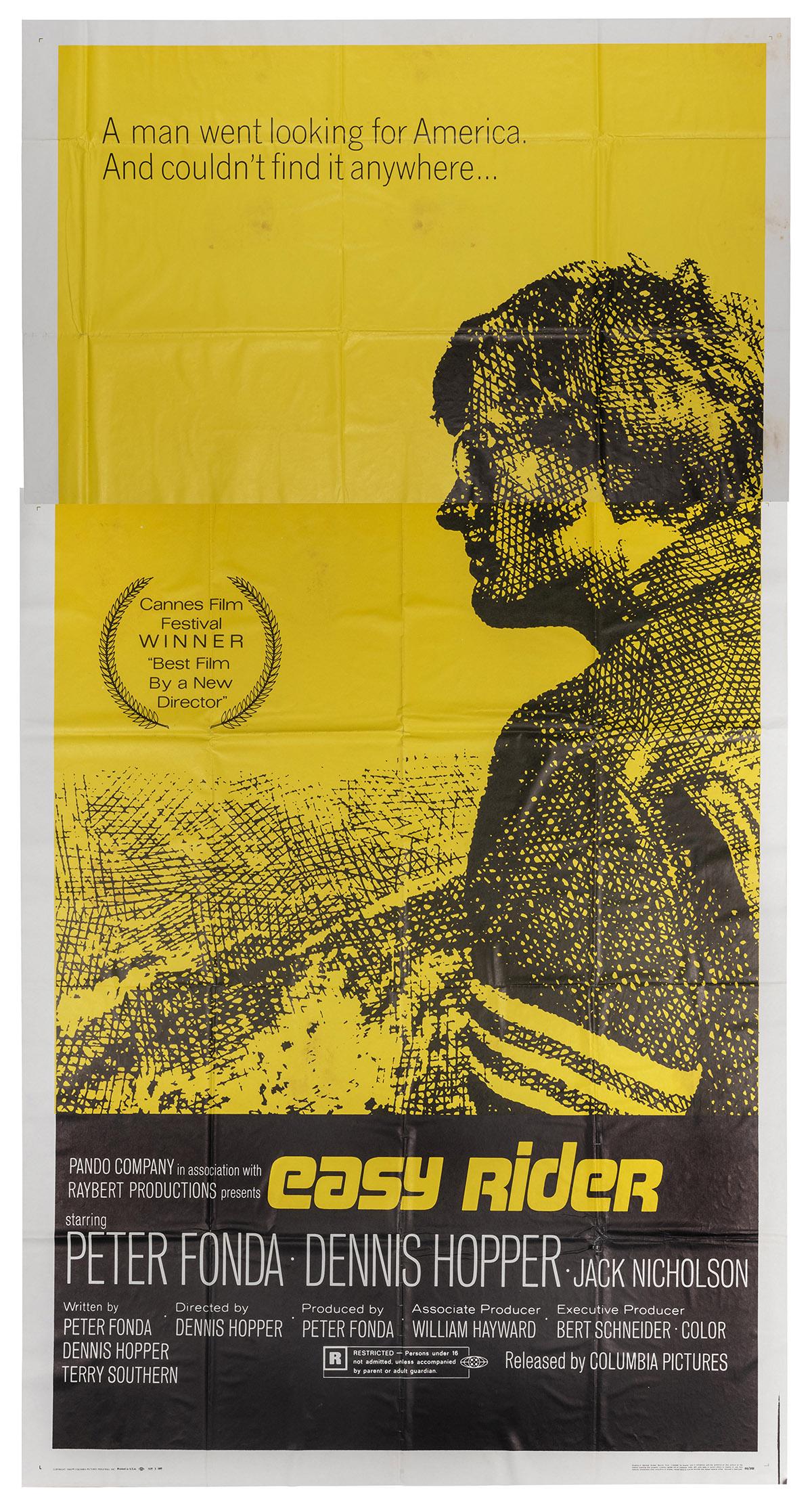 Easy Rider. Columbia Pictures, 1969. Three-sheet poster: Easy Rider. Columbia Pictures, 1969. Three-sheet poster (approx. 81 x 41”) from the original theatrical release of the counterculture classic starring Peter Fonda, Dennis Hopper, and Jack Nichol