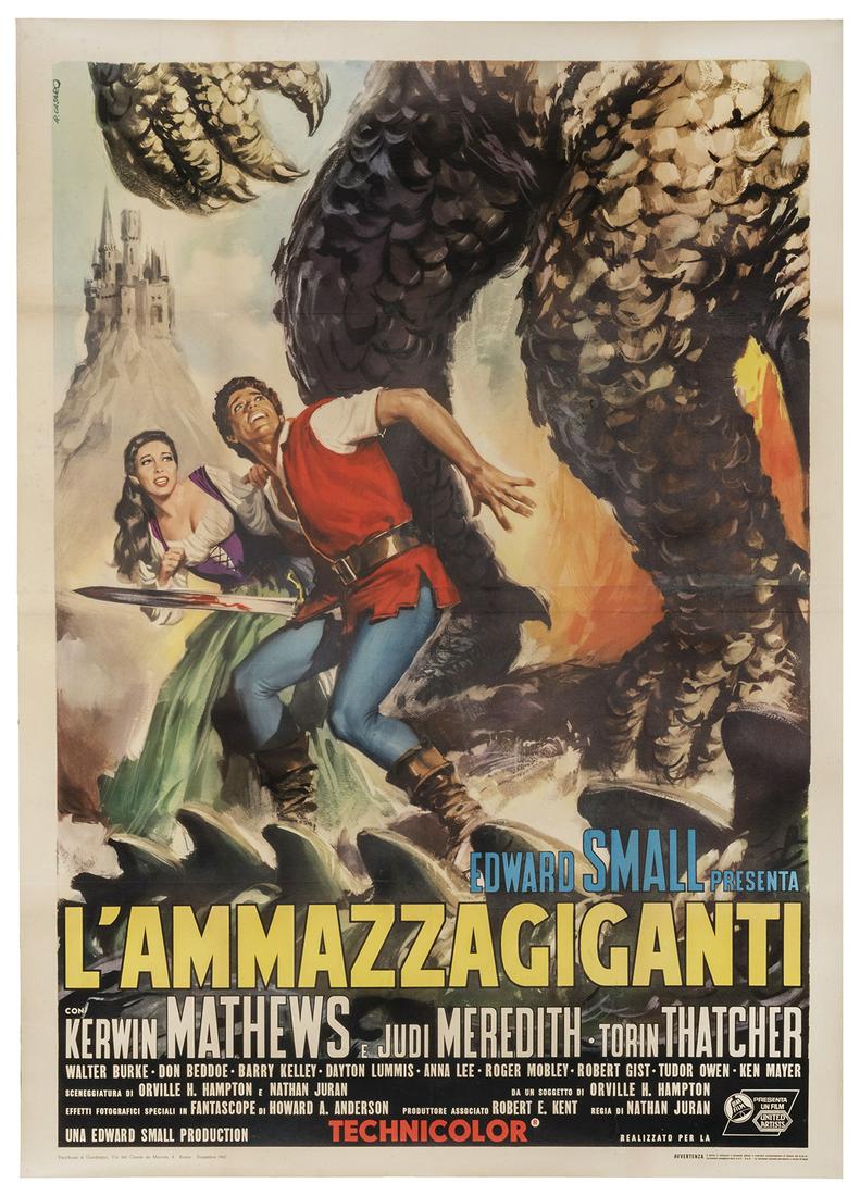 Jack the Giant Killer. 1962. Italian two-panel: Jack the Giant Killer. 1962. Italian two-panel lithograph poster for the cult classic monster film, designed by Casaro. 77 x 54 ¼”. Touched-up along folds; scattered minor repaired tears. L