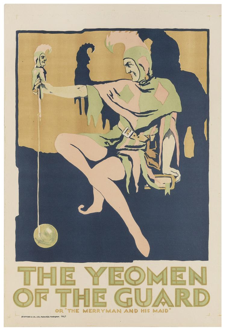 The Yeomen of the Guard. Netherfield: Stafford & Co.,: The Yeomen of the Guard. Netherfield: Stafford & Co., ca. 1920s. Lithograph theatrical poster of a jester/clown character staring at a miniature likeness of himself as a puppet. 29 7/8 x 20”. Mi