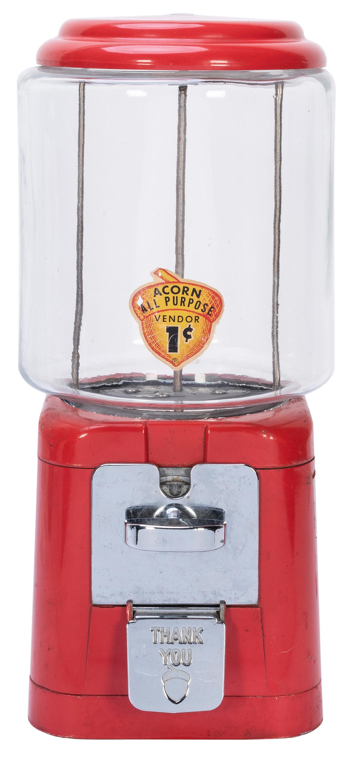 Acorn 1 Cent Gumball Machine. Cast iron red base.: Acorn 1 Cent Gumball Machine. Height 16”. Lock and key. Working.