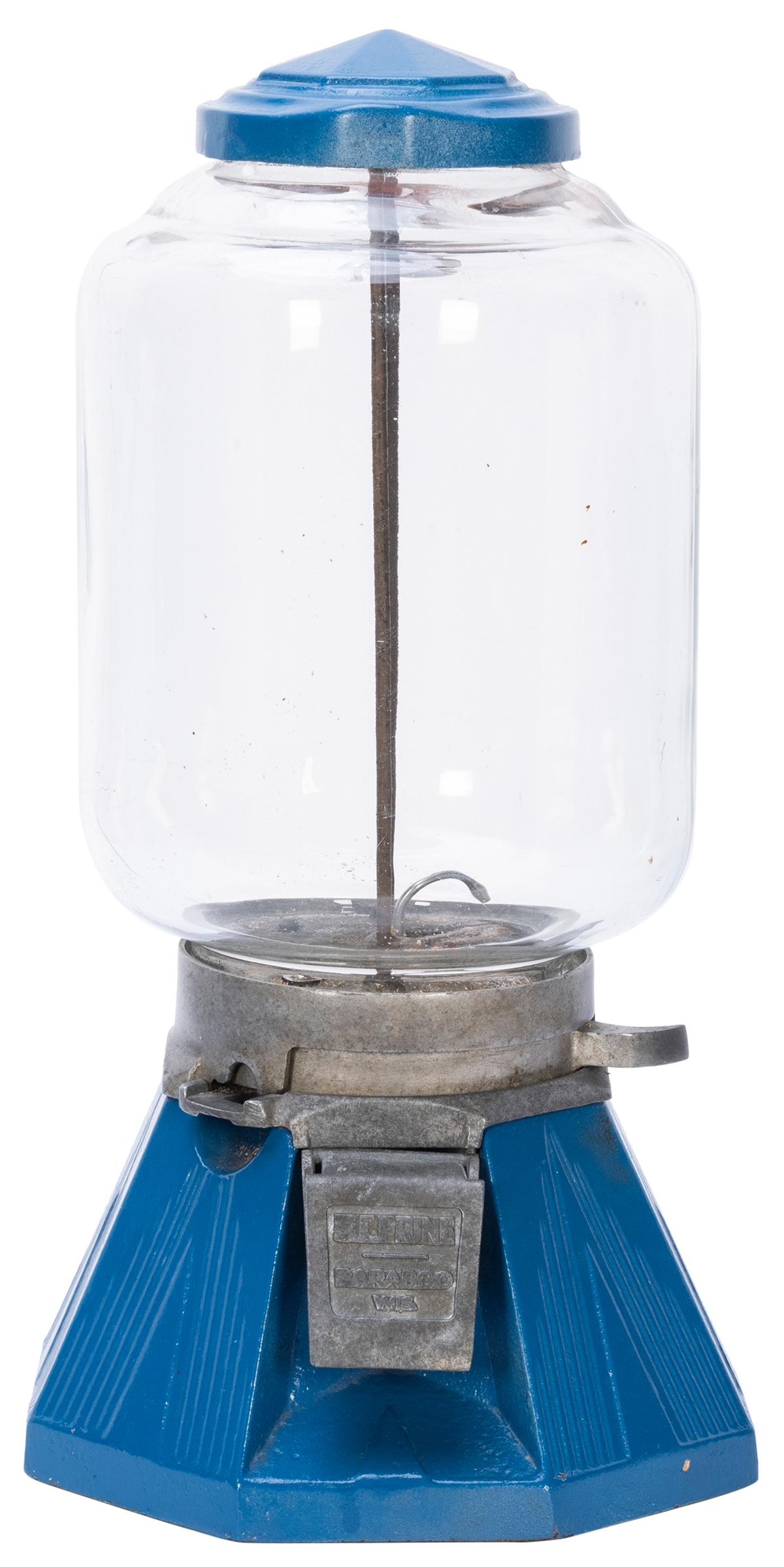 Northwestern Mfg. Co. Model 33 1 Cent Peanut Vendor.: Northwestern Mfg. Co. Model 33 1 Cent Peanut Vendor. Morris, IL, ca. 1930s. Blue cast iron base. Dispenser cover embossed “M.C. Prine, Baraboo, WI.” Height 15 ½”. Repainted. Lock and key. Worki