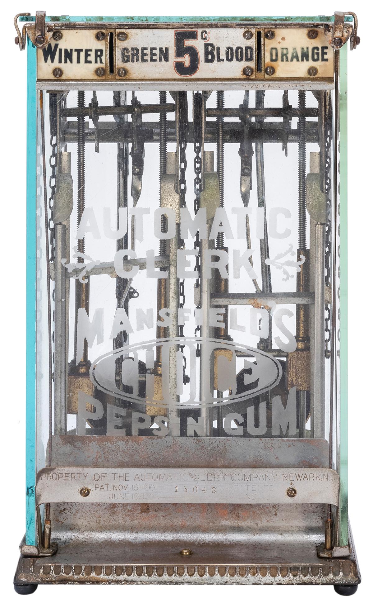 Automatic Clerk & Advertising Co. Mansfield Gum: Automatic Clerk & Advertising Co. Mansfield Gum Dispenser. Newark, NJ, ca. 1902. Metal and glass. 12 x 6 ½ x 8”. Working.