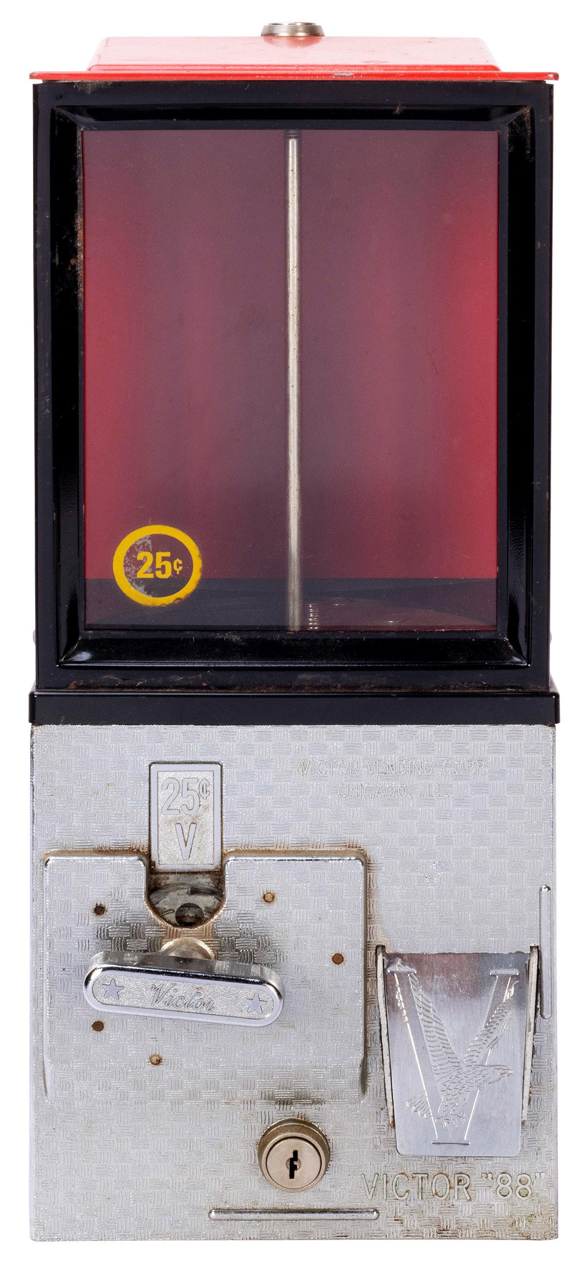 Victor Vending Corp. ‘Victor 88’ 25 Cent Gumball: Victor Vending Corp. ‘Victor 88’ 25 Cent Gumball Dispenser. Chicago, IL, ca. 1980s. Height 18”. Keys. Working.