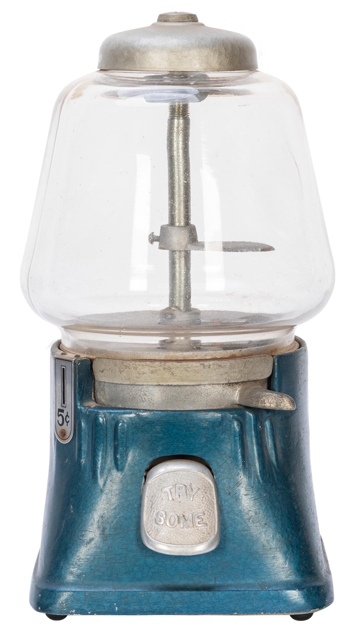 Silver King Corp. 5 Cent Gumball Dispenser. Aurora, IL,: Silver King Corp. 5 Cent Gumball Dispenser. Aurora, IL, ca. 1940s. Aluminum. Height 14”. No key. Working.
