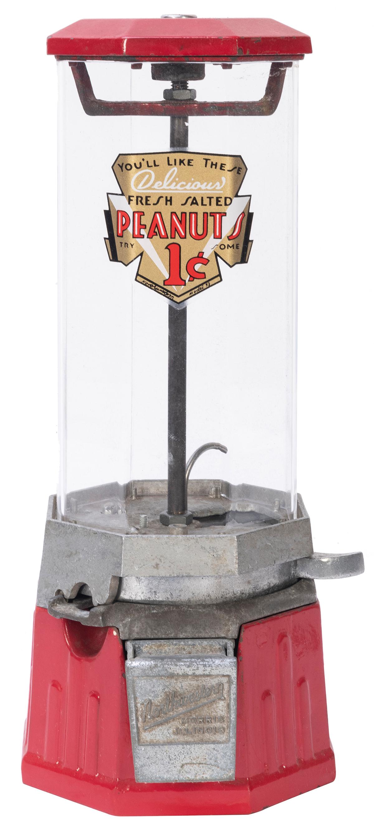 Northwestern Mfg. Co. 1 Cent Model 33 Junior Peanut: Northwestern Mfg. Co. 1 Cent Model 33 Junior Peanut Vending Machine. Chicago, IL, ca. 1930s. Machine designed for limited space locations. Red painted base and top. Height 13”. Facsimile decal. Repl