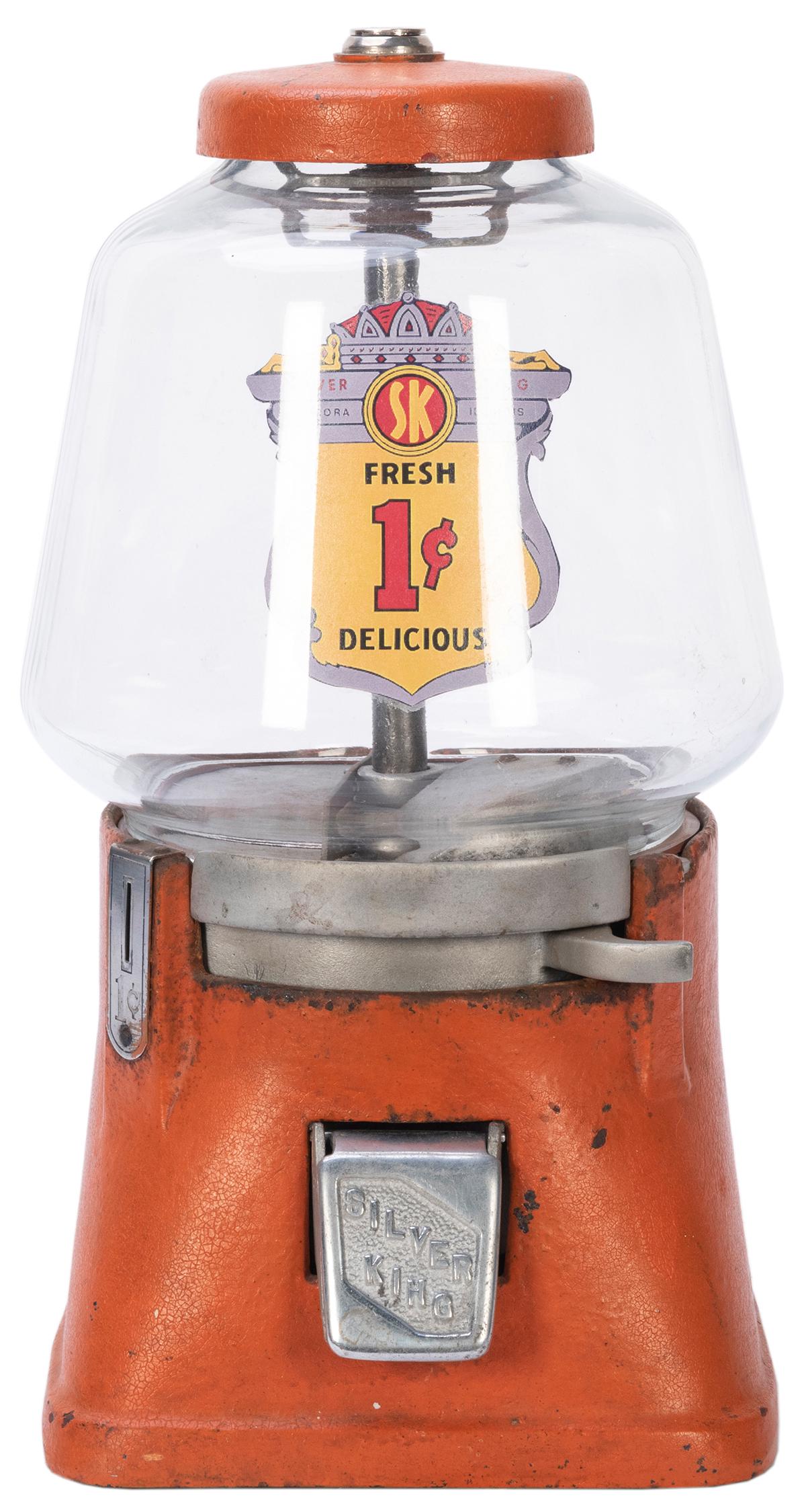 Automat Games (Silver King Corp.) 1 Cent Silver King: Automat Games (Silver King Corp.) 1 Cent Silver King Deluxe Machine. Aurora, IL, ca. 1930s. Cast iron body with embossed flat chute cover. Original paint. Height 14”. Reproduction decal. Lock an