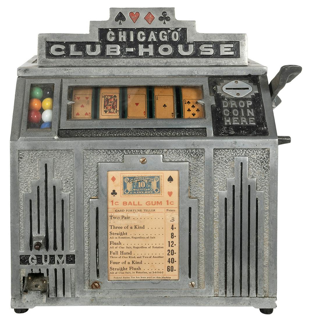 Daval Mfg. Co. 1 Cent Chicago Club-House Trade: Daval Mfg. Co. 1 Cent Chicago Club-House Trade Stimulator. Circa 1930s. Try your luck – drop a penny in. Five reel poker hand machine. Cast aluminum case. Original reel. 13 x 11 x 8 ½”