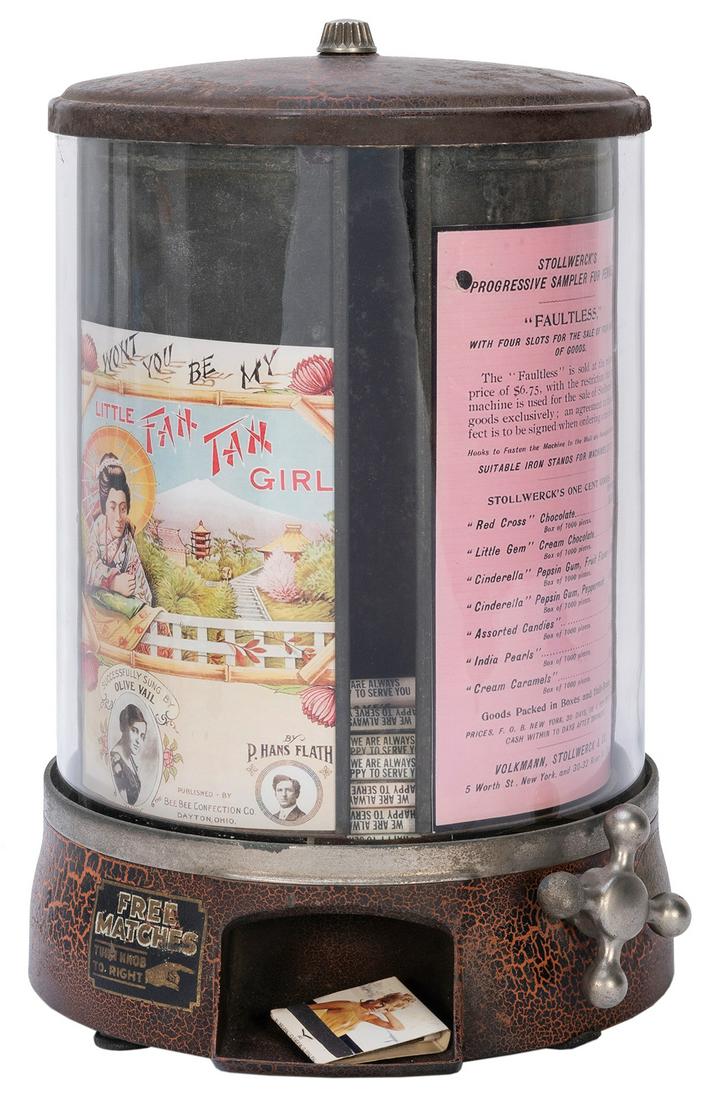 Universal Match Co. Match Machine. St. Louis, ca.: Universal Match Co. Match Machine. St. Louis, ca. 1910s. Turn the knob to dispense a matchbook. Dispenses for free as designed. Glass dome. Height 14”. Reproduction advertisements; with a quanti