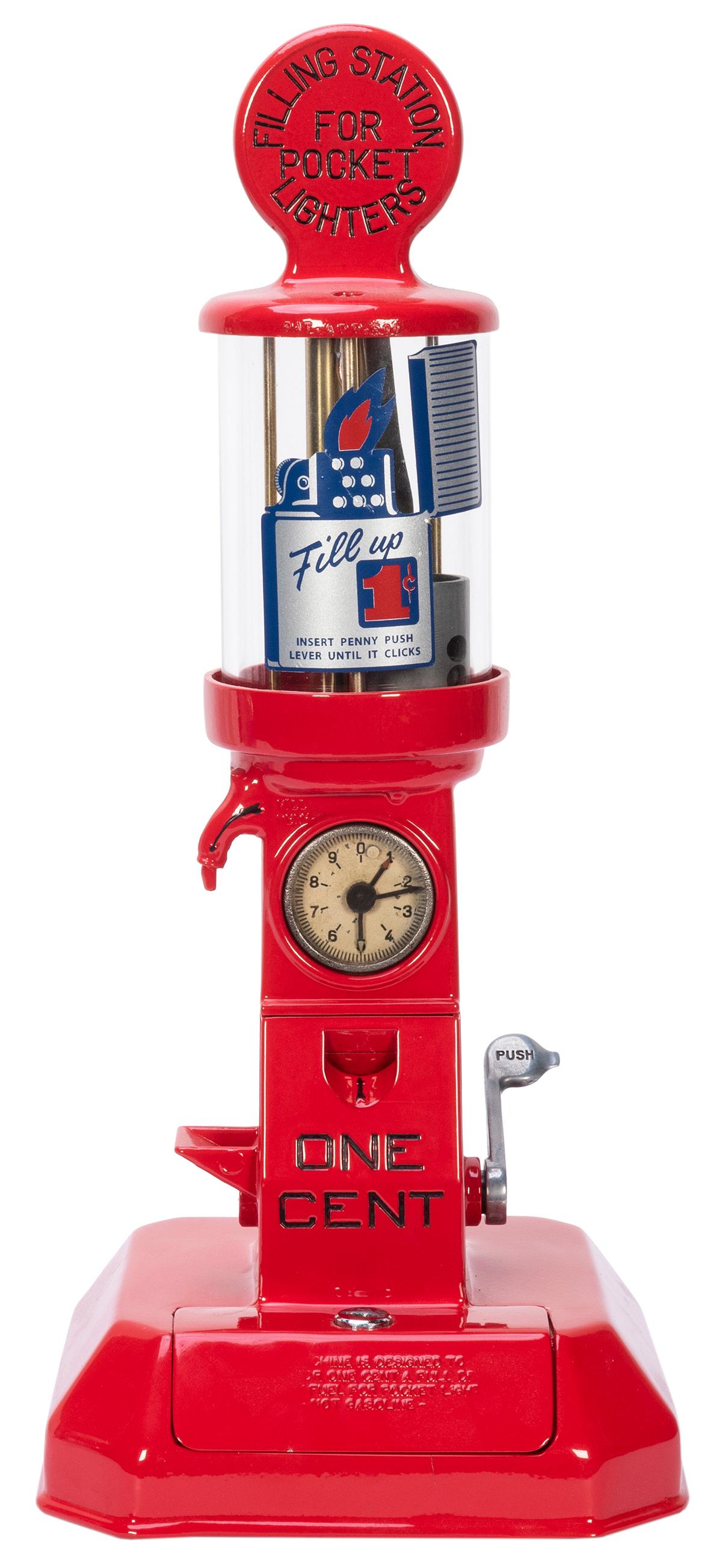 Coin Operated Lighter Fluid Dispenser. Cast iron. 16 ½: Coin Operated Lighter Fluid Dispenser. Cast iron. 16 ½ x 7 x 7”. Restored. Lock and key. Working.