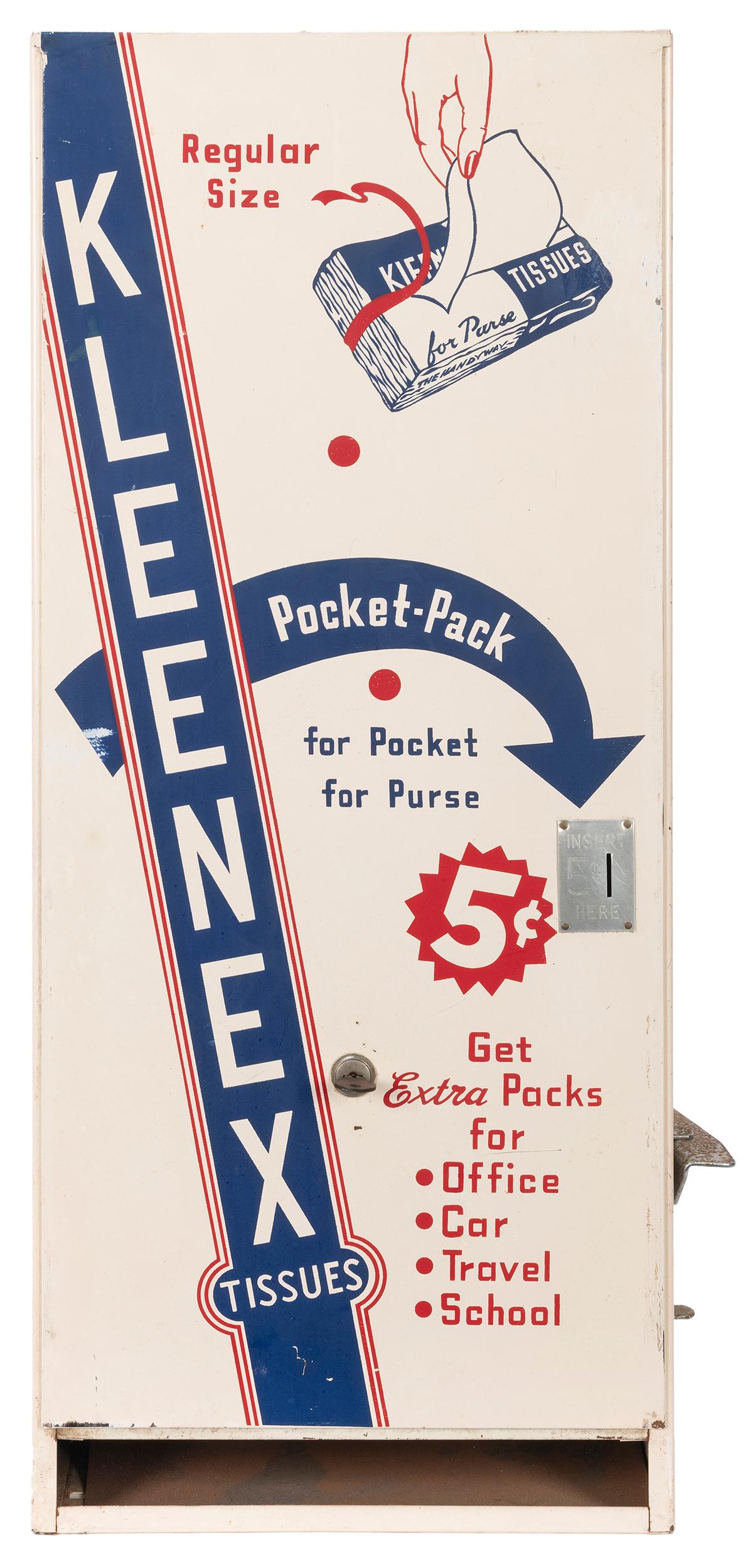 Vend-Rite Mfg. Co. 5 Cent Kleenex Tissue Wall Vendor.: Vend-Rite Mfg. Co. 5 Cent Kleenex Tissue Wall Vendor. Chicago, IL, ca. 1940s. Paint is crisp and bright. Inner machinery in good condition. Height 30”. Lock and key. Working.