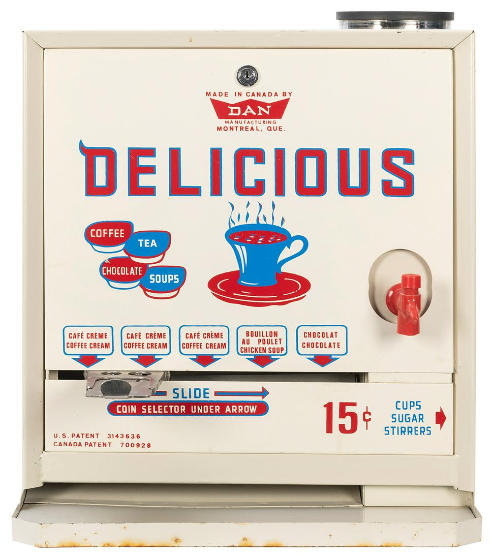 Dan Mfg. Co. Hot Beverage Dispenser. Montreal, QC.: Dan Mfg. Co. Hot Beverage Dispenser. Montreal, QC. Advertises delicious hot beverages in bright red and white colors. 20 x 18 x 14”. Lock and key. New old stock/unused. Instructions for safe use ins
