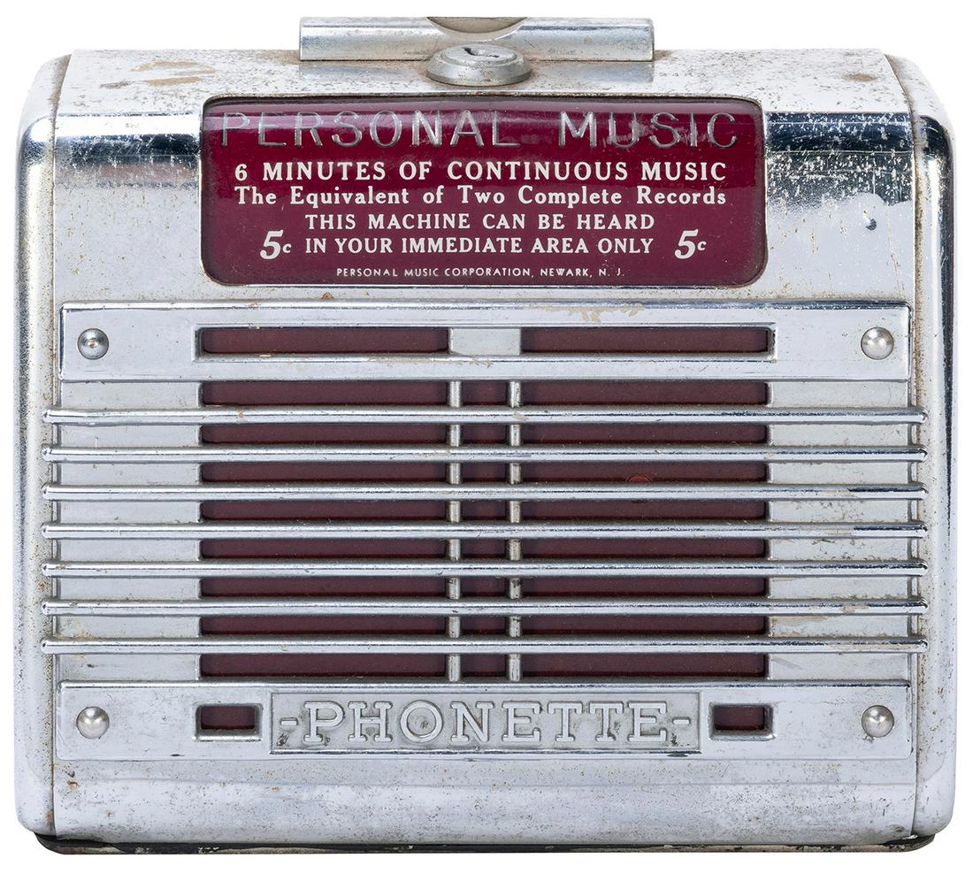 Personal Music Corp. 5 Cent Personal Music Phonette: Personal Music Corp. 5 Cent Personal Music Phonette Radio. Circa 1940s. One nickel gets you six minutes of continuous music. Manufactured for use in restaurants and diners. Height 6 ½”. Age