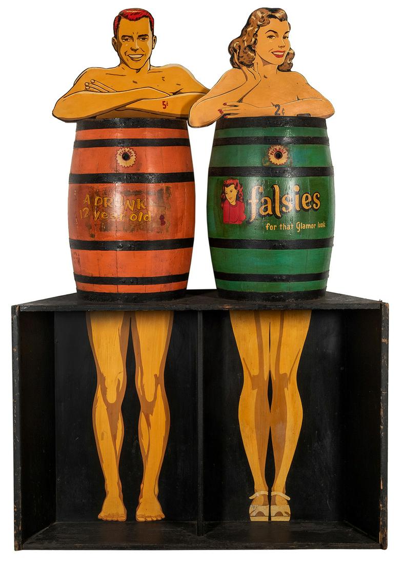 Exhibit Supply Co. Peep Show Coin-Operated Barrel: Exhibit Supply Co. Peep Show Coin-Operated Barrel Viewer. Original figural penny arcade game features busts of a man and woman standing behind barrels. Drop in a coin to light up the inside of the bar