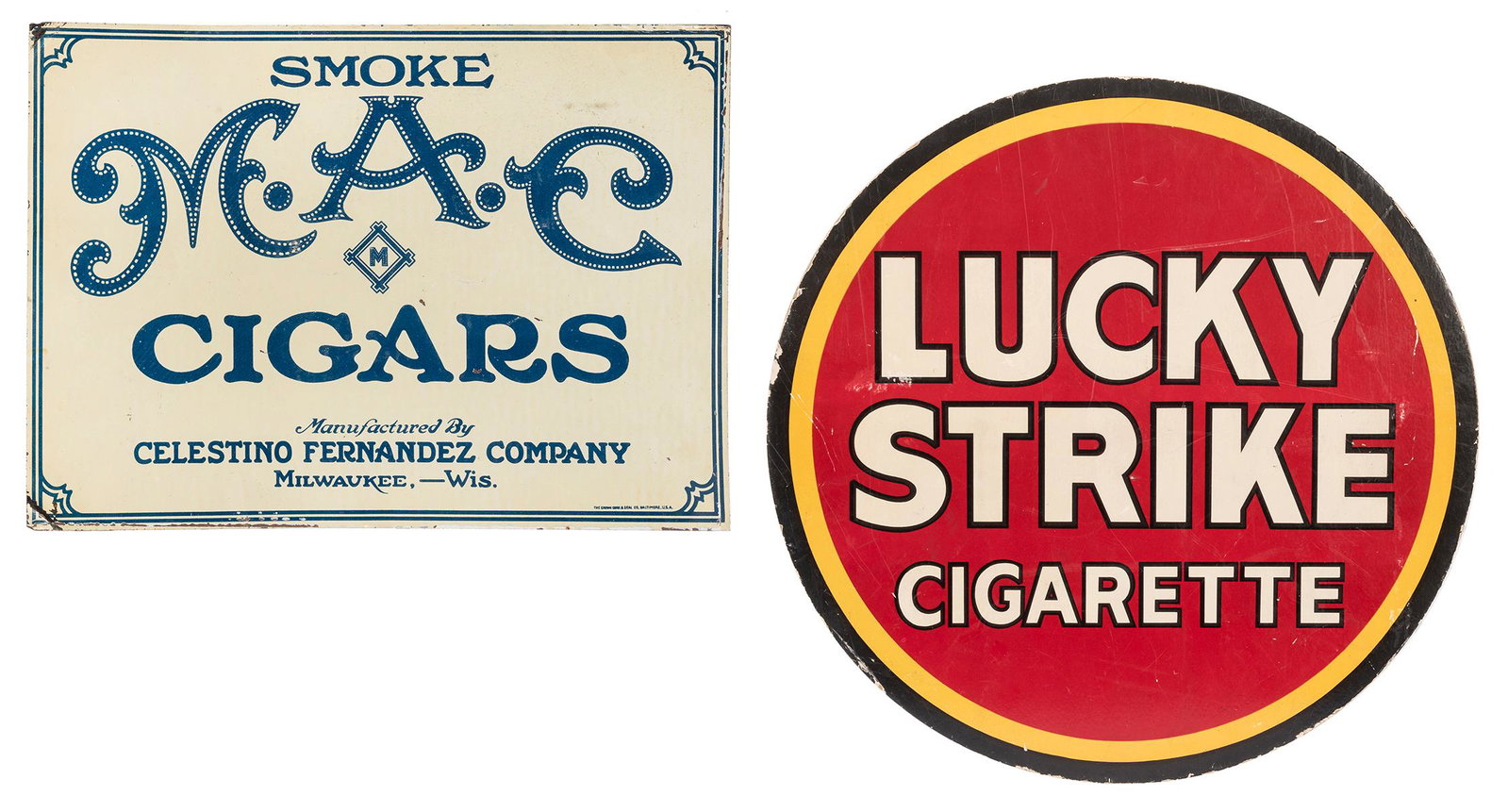 Pair of Vintage Tobacco Signs. Including: Lucky Strike: Pair of Vintage Tobacco Signs. Including: Lucky Strike Cigarettes cardboard stand-up sign (R.J. Reynolds Co., Richmond, VA), 19 ½”. – M.A.C. Cigars tin sign (Celestino Fernandez Co., 