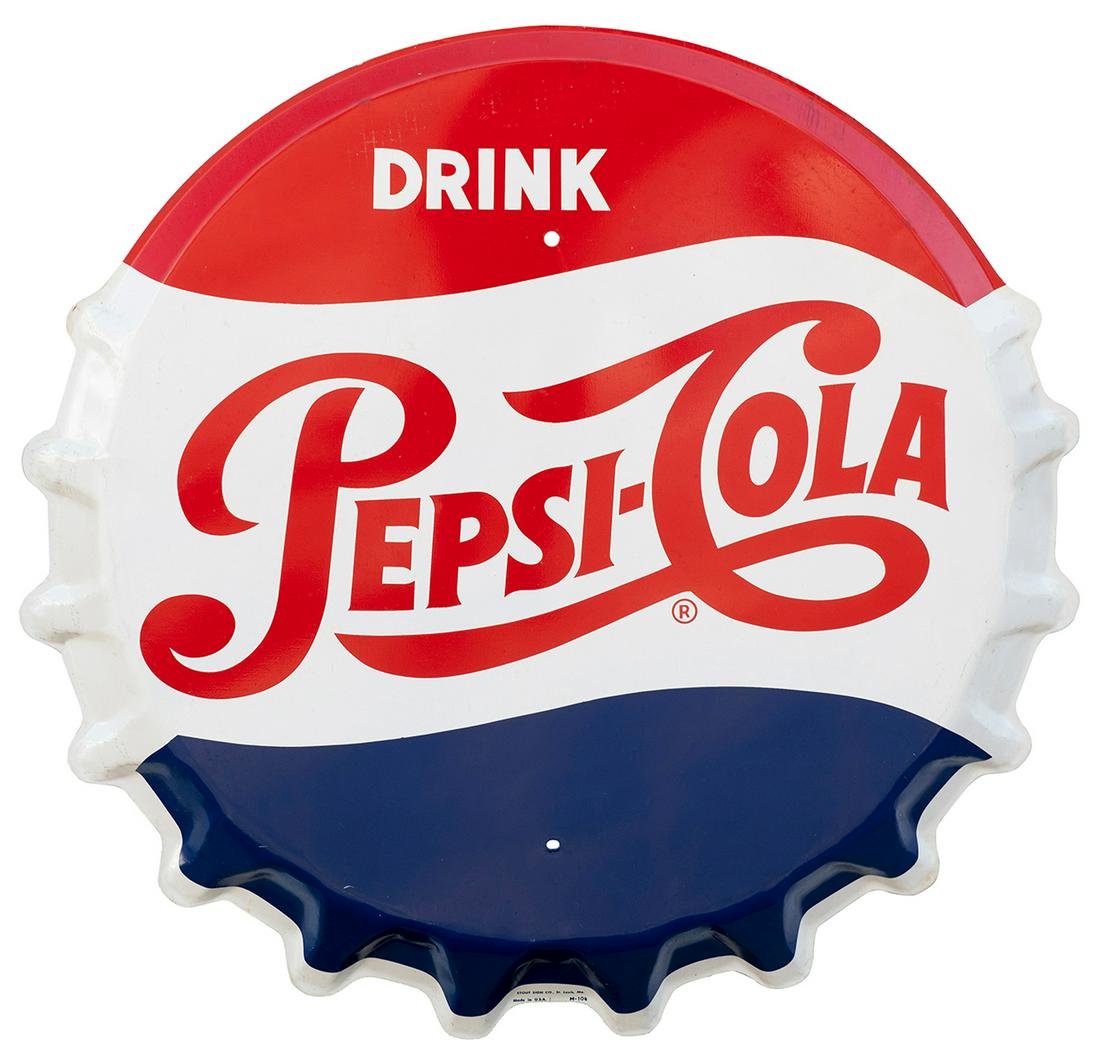 Pepsi-Cola Bottle Cap Metal Sign. St. Louis: Stout Sign: Pepsi-Cola Bottle Cap Metal Sign. St. Louis: Stout Sign Co., ca. 1950s. Metal sign in the form of a bottle cap, boldly printed with Pepsi’s red, white and blue colors. Diam. 30”.