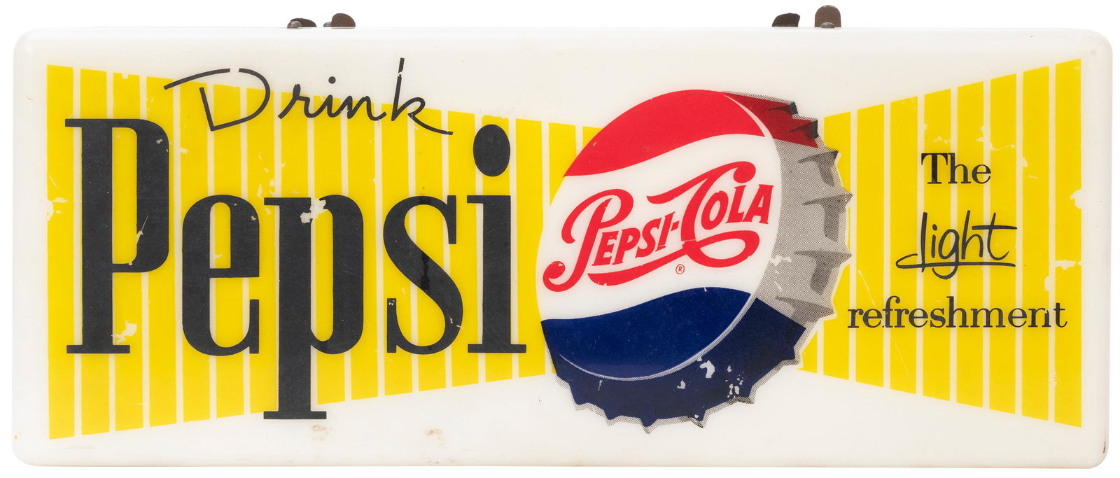 Pepsi Cola Co. Light-Up Sign. Circa 1960s. 6 x 15 x 5”.: Pepsi Cola Co. Light-Up Sign. Circa 1960s. 6 x 15 x 5”. Wear to paint on both sides. Metal areas slightly rusted. Working.