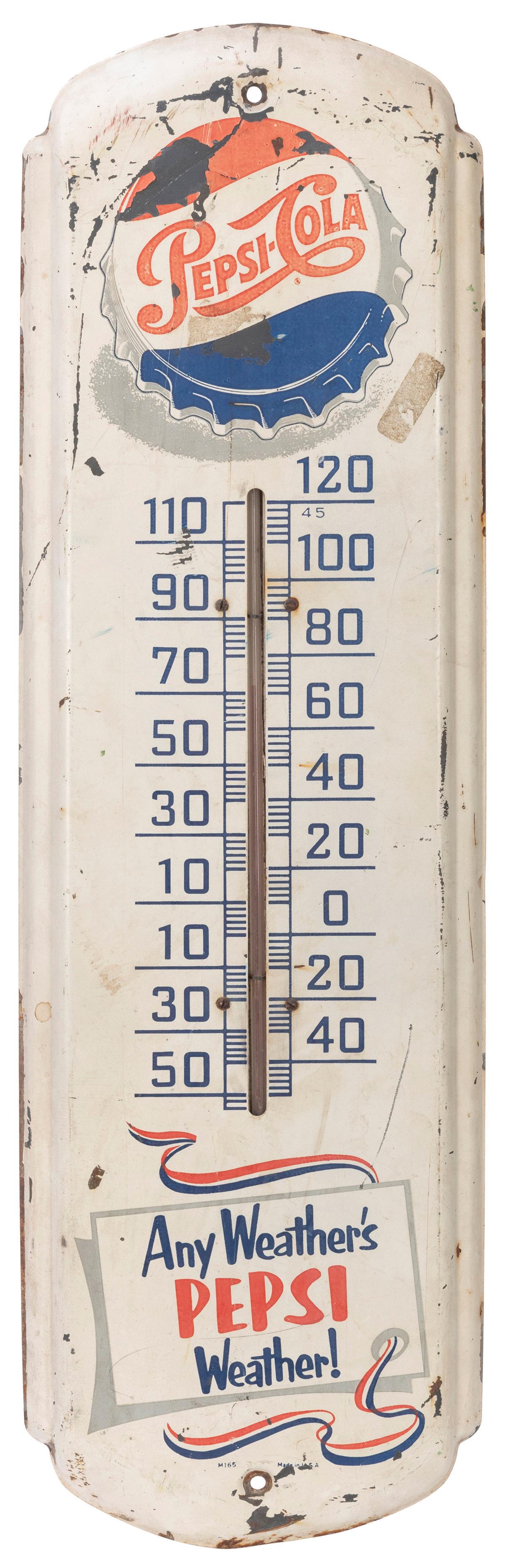 Pepsi Cola Co. Tin Advertising Thermometer. Retains the: Pepsi Cola Co. Tin Advertising Thermometer. Retains the original box. 27 x 8 ½”. Fading and scratching.