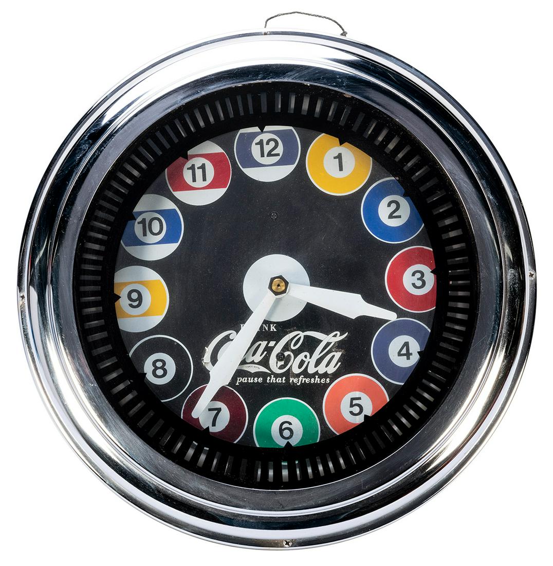 Coca-Cola Billiards Wall Clock. Circa 1970s. Diameter: Coca-Cola Billiards Wall Clock. Circa 1970s. Diameter 14”. Working.