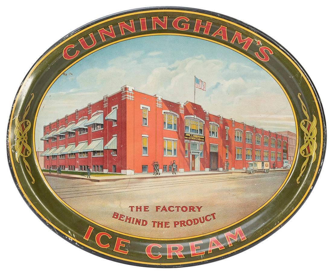 American Can Co. Cunningham’s Ice Cream Metal: American Can Co. Cunningham’s Ice Cream Metal Advertising Tray. Maywood, IL, ca. 1910s. 18 ½ x 15”. Light flaking at left edge. Paint on tray crisp and bright.