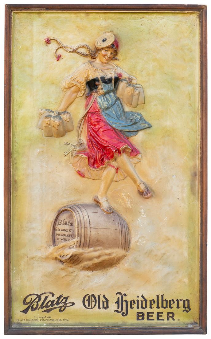 Valentin Blatz Brewing Co. Old Heidelburg Framed Relief: Valentin Blatz Brewing Co. Old Heidelburg Framed Relief Beer Advertisement. Milwaukee, WI, ca. 1930s. Carved from chalk. 36 x 22”. Light age-related wear. Paint is crisp and bright.