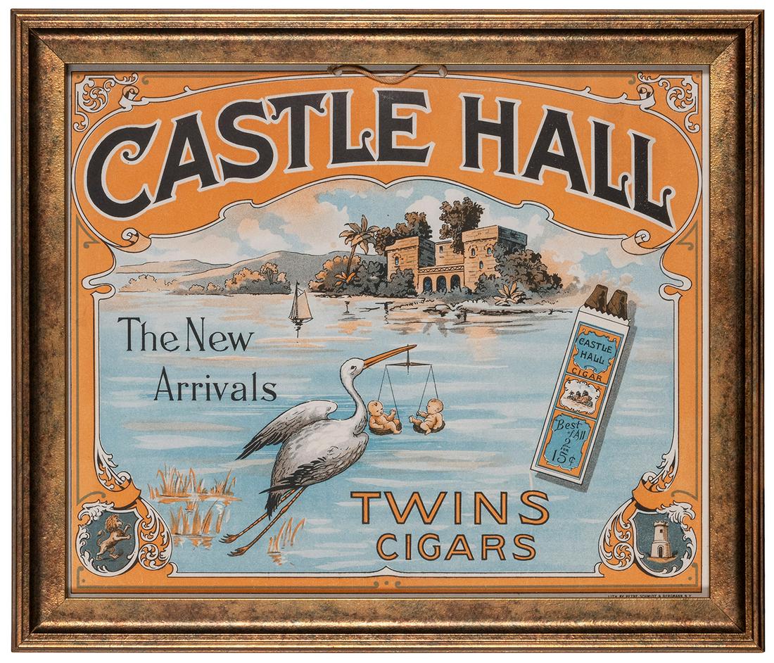 Castle Hall Twins Cigars Hanging Advertisement. Circa: Castle Hall Twins Cigars Hanging Advertisement. Circa 1900s. Depicts a stork carrying two infants balanced on a scale to a lakeside castle. Professionally framed. 11 ½ x 13 ½”.