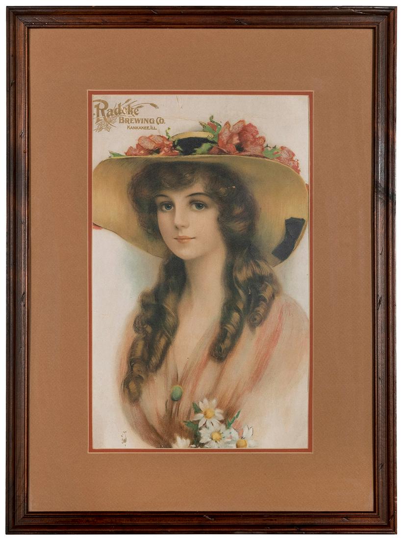 F.D. Radeke Brewing Co. Poster. Kankakee, IL, ca.: F.D. Radeke Brewing Co. Poster. Kankakee, IL, ca. 1910s. Lithograph advertisement depicting a smiling young woman wearing a wide hat with flowers piled atop it. Matted. Framed, 27 ½ x 19 ½&#