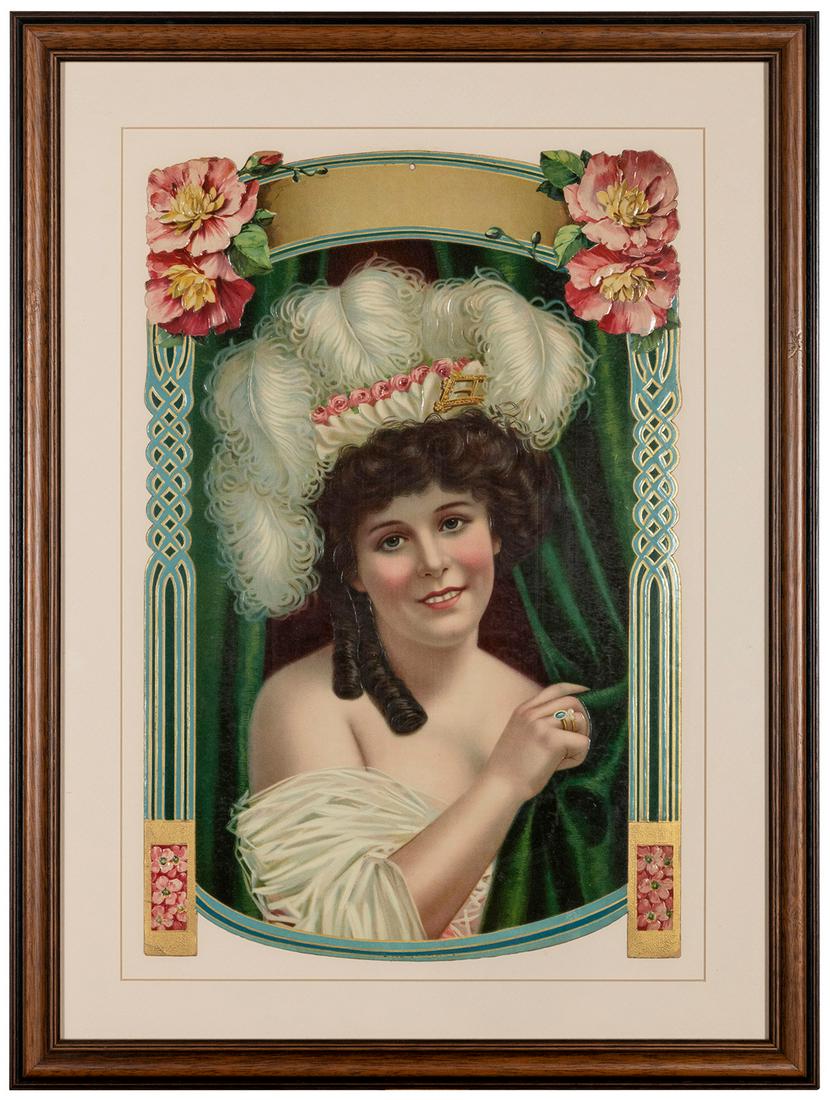 Die-Cut Chromolithograph Advertisement. Circa 1910s.: Die-Cut Chromolithograph Advertisement. Circa 1910s. Art Nouveau-style design which frames an extravagantly dressed young woman emerging from behind a green curtain. Vivid lithography. Framed and matt