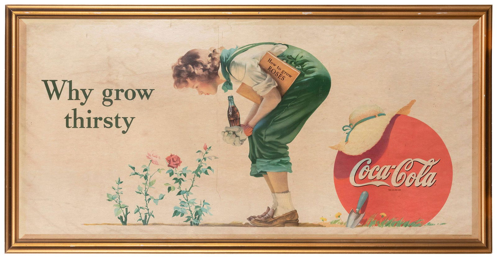 Coca-Cola “Why Grow Thirsty” Cardboard Sign. Chicago:: Coca-Cola “Why Grow Thirsty” Cardboard Sign. Chicago: Edwards & Deutsch Litho Co., ca. 1940s. Lithograph depicts a young girl with a Coca-Cola in her hands and a book entitled “How t