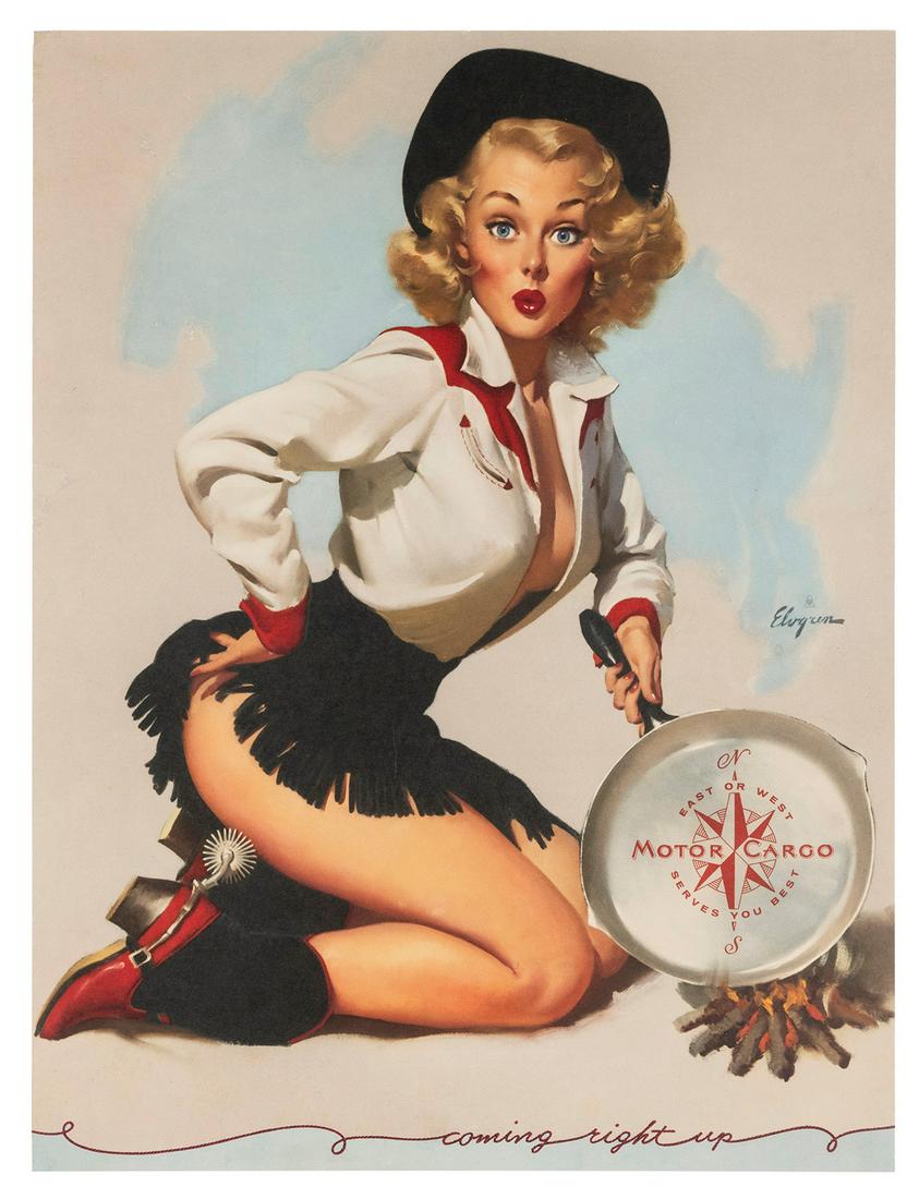 ELVGREN, Gil (American, 1914-1980) Motor Cargo. Inc.: ELVGREN, Gil (American, 1914-1980) Motor Cargo. Inc. Pin-Up Girl Poster. USA: B&B [Brown & Bigelow], 1950s. Poster depicting a pin-up girl in cowgirl outfit, overprinted for the Lisle, IL company. Lin