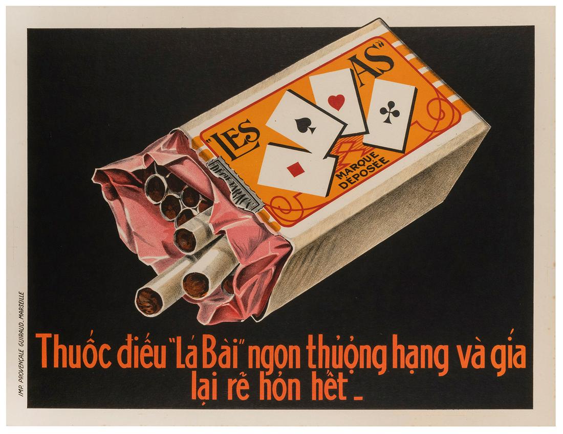 French-Vietnamese “Les As” Cigarettes Poster.: French-Vietnamese “Les As” Cigarettes Poster. Marseille: Guiraud, ca. 1940s. Colorful lithograph advertising poster with playing card design, featuring Aces on the cigarette pack. 23 ½
