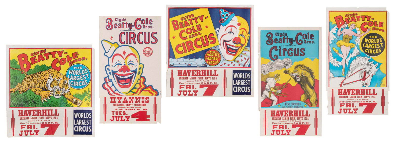 Five Clyde Beatty-Cole Brothers Circus Posters. Circa: Five Clyde Beatty-Cole Brothers Circus Posters. Circa 1960s. Including equestrienne; lion tamer; clowns (2); and tiger. Half-sheets (generally 28 x 21”). Some designed by Roland Butler. Unmounte