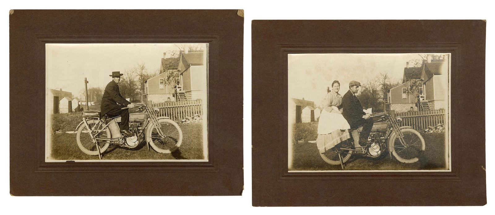 Pair of Early Harley-Davidson Motorcycle Photographs.: Pair of Early Harley-Davidson Motorcycle Photographs. Circa 1910s. Photographs depict two men and a woman taking turns posing on a Harley-Davidson motorcycle. On cabinet-format mounts. 10 x 8”. 
