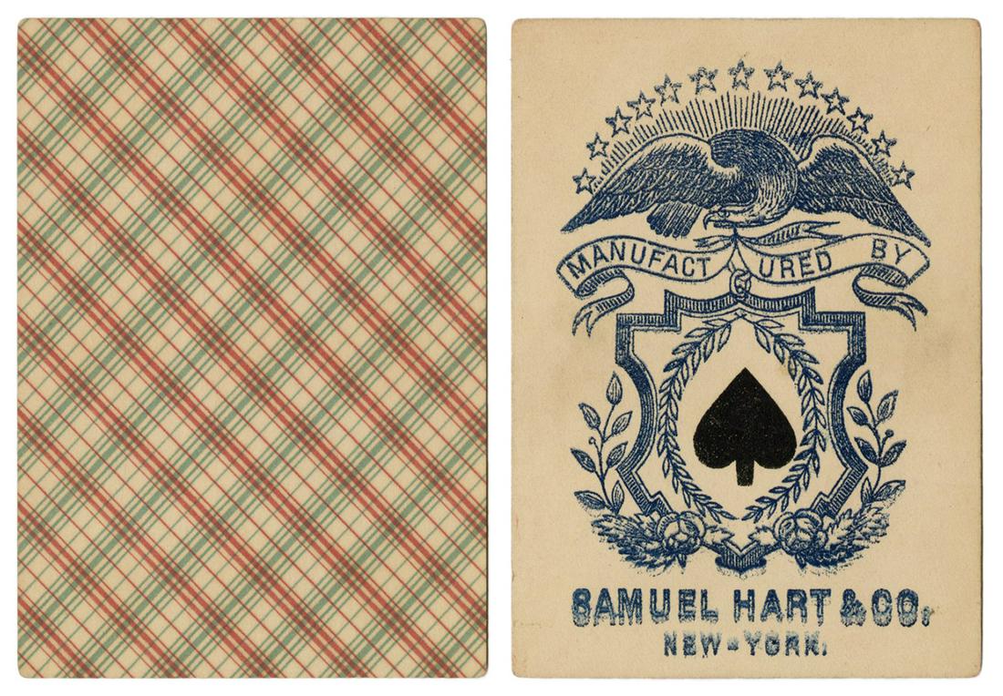Samuel Hart & Co. Faro Playing Cards. New York, ca.: Samuel Hart & Co. Faro Playing Cards. New York, ca. 1890s. 52. One-way courts. Backs green and red plaid. Square corners. Very good. Housed in a period metal case embossed on the lid with the Jack of