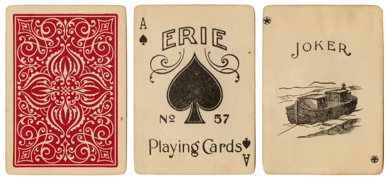 Erie No. 57 Playing Cards. New York: Perfection Playing: Erie No. 57 Playing Cards. New York: Perfection Playing Card Co., ca. 1895. 52 + J. Gilt edges. Housed in a period leather case with snap closure (leather worn on snap). Joker depicts a barge; as Hoch